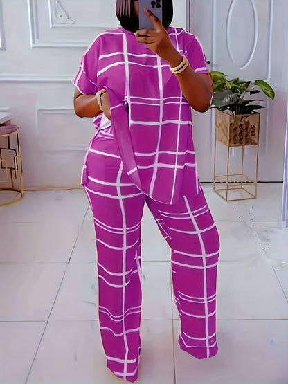 Conjunto de dos piezas informal de talla grande para mujer, con estampado a cuadros, manga corta, pantalones anchos