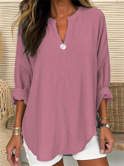 Blusa holgada informal de color liso con escote en V y un botón para mujer