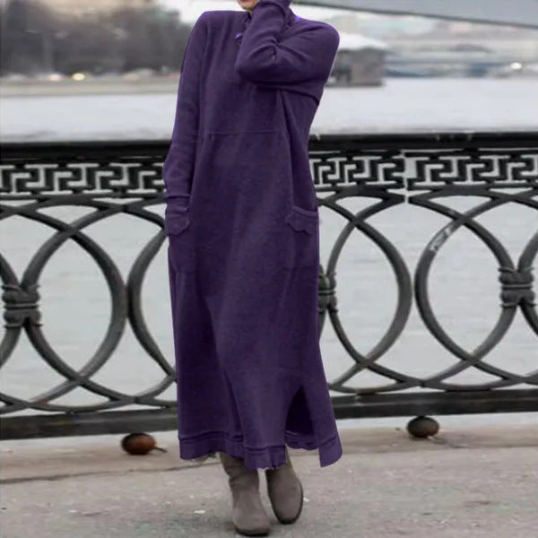 Vestido largo informal de otoño e invierno, holgado, de talla grande, de punto, con encaje, manga larga, bolsillos, color liso