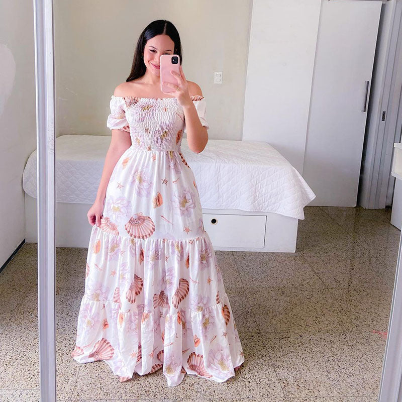 Summer Vacation Women Rainbow Color Floral Butterfly Large Swing Off Shoulder Casual Maxi Dress