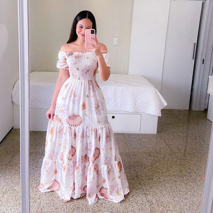 Summer Vacation Women Rainbow Color Floral Butterfly Large Swing Off Shoulder Casual Maxi Dress