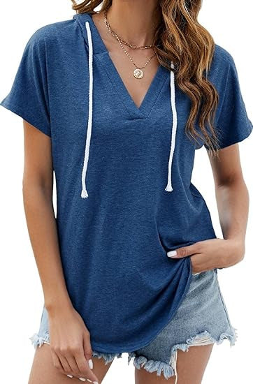Camiseta holgada informal de manga corta con cuello en V y color liso para mujer