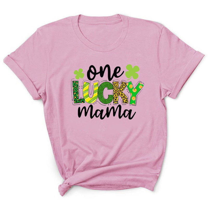 Camiseta informal de manga corta con cuello redondo y estampado de letras "One Lucky Mama" para mujer