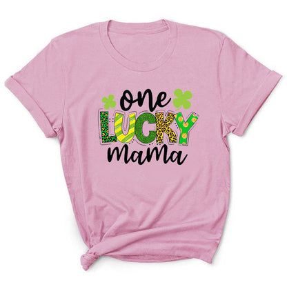 Camiseta informal de manga corta con cuello redondo y estampado de letras "One Lucky Mama" para mujer