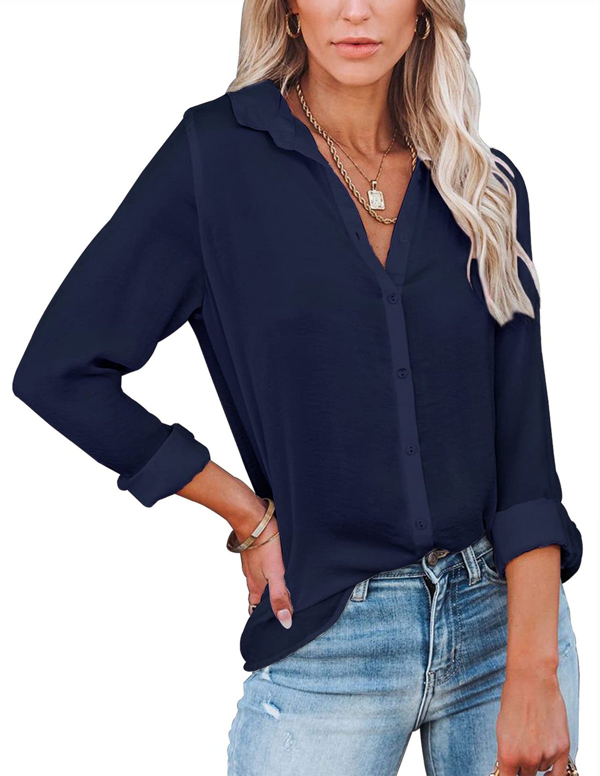 Blusa informal sencilla de manga larga con solapa en color liso para mujer