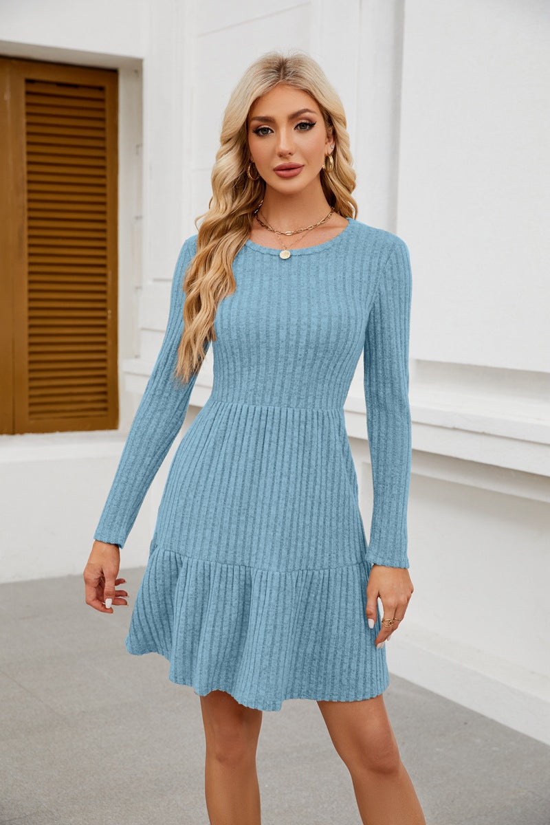 Women Crewneck Pocket Casual Knee Length Long Sleeve Knitted Dress