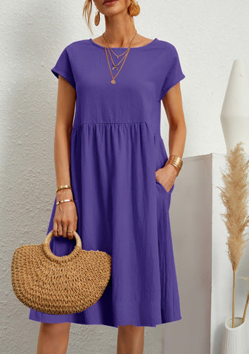 Fashion Summer Women'S Round Neck Solid Color Casual Short Sleeve Dress