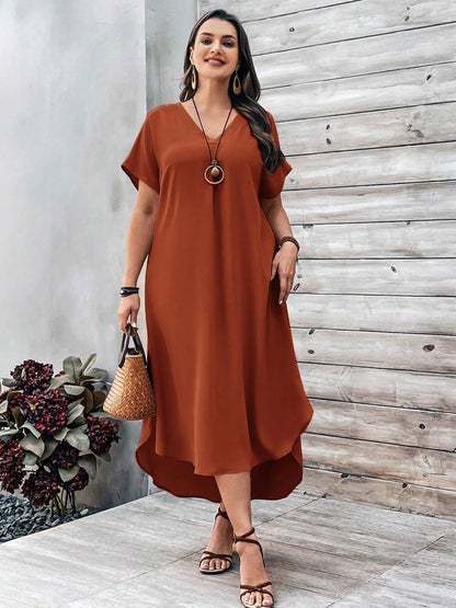 Spring And Summer Plus Size Women Fashion Casual V-Neck Dress