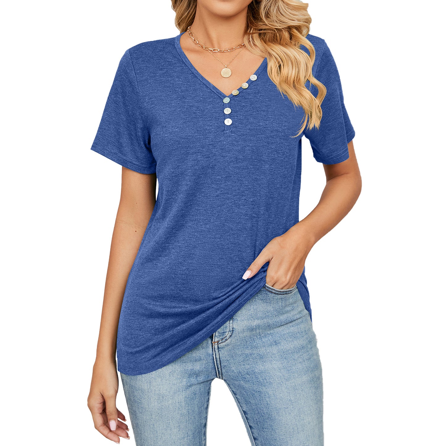 Camiseta informal holgada de manga corta con botones y cuello en V para mujer