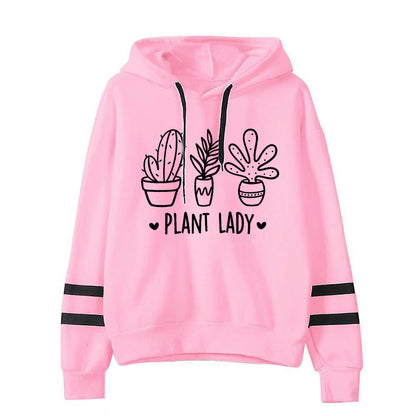 Sudadera con capucha holgada informal con estampado de cactus y barras paralelas para mujer