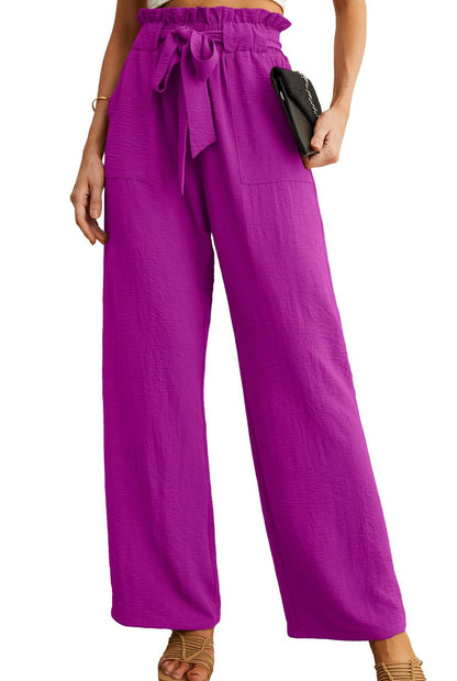 Women Fashion Casual Solid Color Pocket Lace-Up Wide Leg High Waist Pants