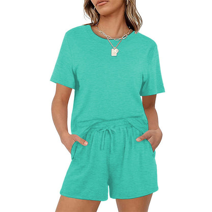 Women Casual Summer Basic Solid Color Short Sleeve T-Shirt Elastic Tie Pocket Shorts Set