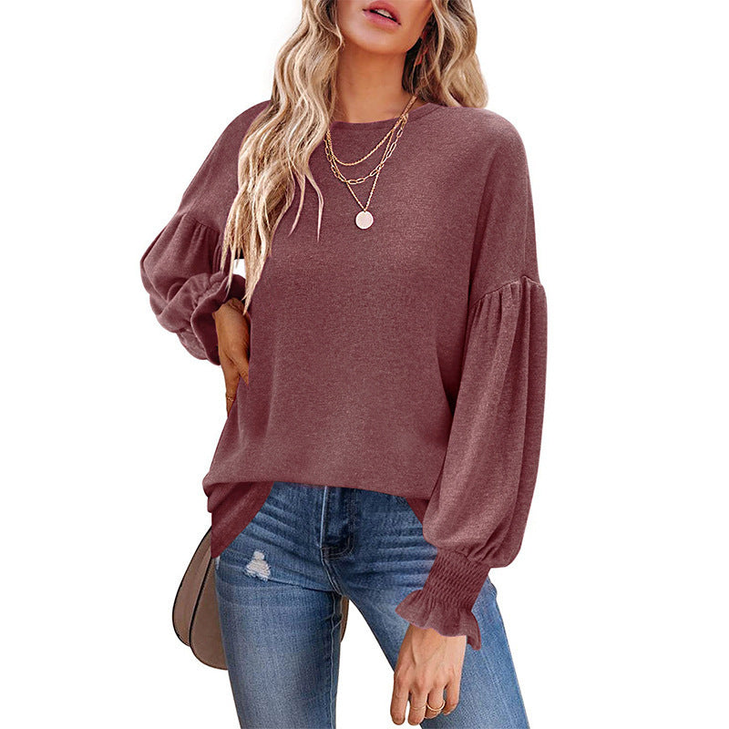 Camiseta informal de cuello redondo y mangas farol para mujer