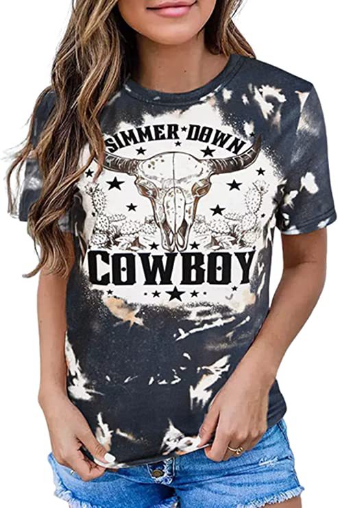 Camiseta informal de verano para mujer con estampado de cabeza de buey occidental, cuello redondo y manga corta