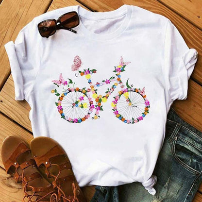 Camiseta holgada informal de manga corta con estampado de bicicleta para mujer