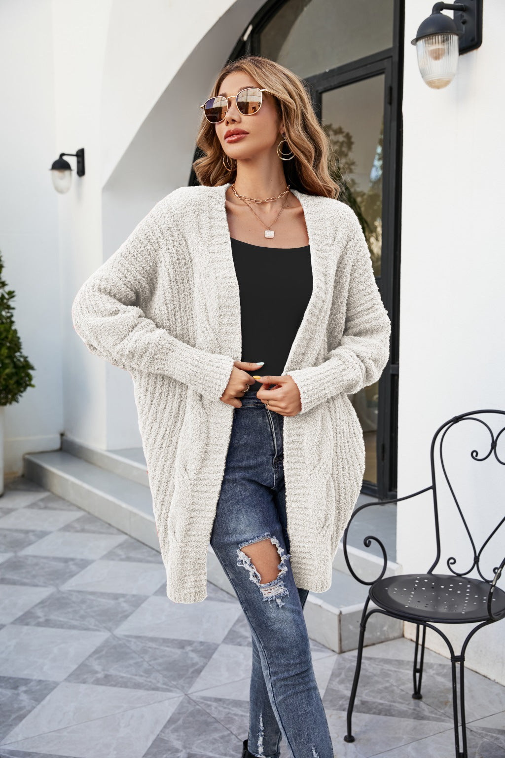 Cárdigan de punto de felpa de manga larga de color liso informal de invierno para mujer