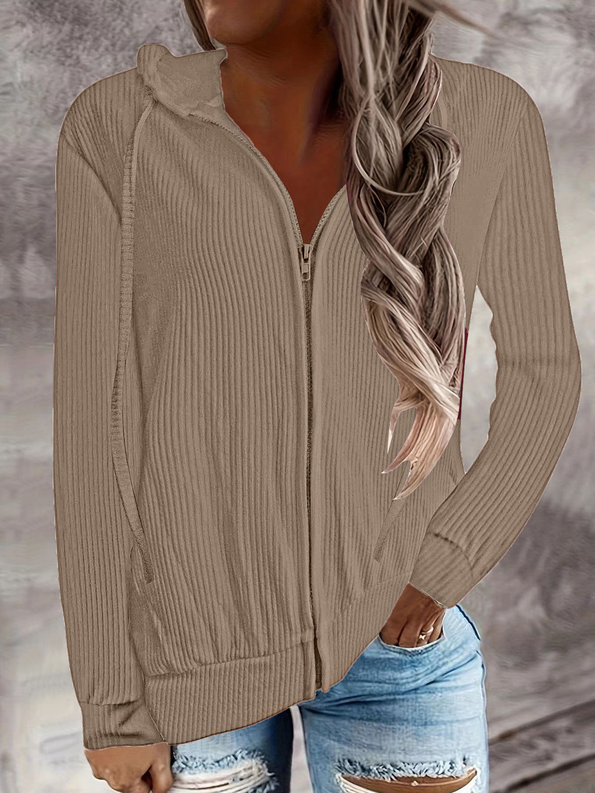 Autumn Winter Women Casual Solid Color Long Sleeve Zipper Cardigan Hooded Jacket