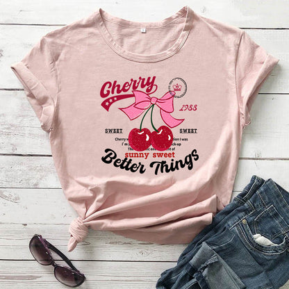 Camiseta informal de verano para mujer con estampado de cerezas, cuello redondo y manga corta