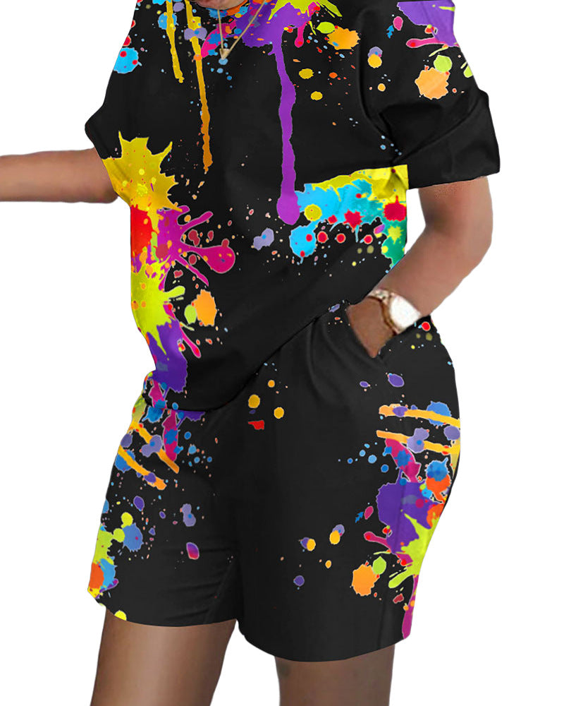 Conjunto de dos piezas de top y pantalones cortos de manga corta con cuello redondo y estampado gráfico informal para mujer