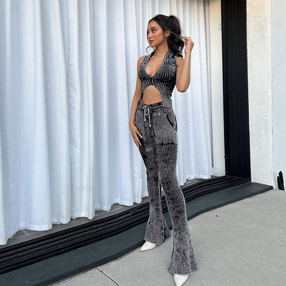 Conjunto de top y pantalones acampanados informales de cintura alta con cuello halter de punto sexy para mujer de otoño