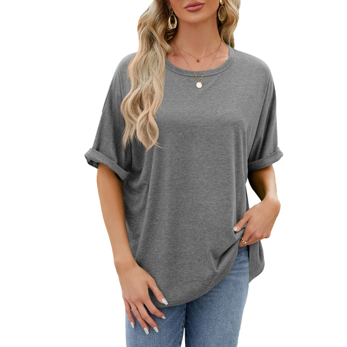 Camiseta informal de verano para mujer, color liso, cuello redondo y manga corta