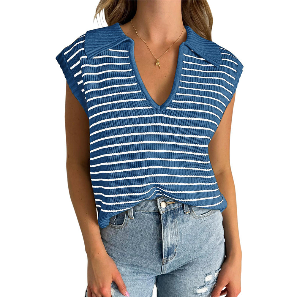 Women Fashion Casual Stripe Lapel V-Neck Sleeveless Knitted Sweater