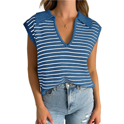 Women Fashion Casual Stripe Lapel V-Neck Sleeveless Knitted Sweater