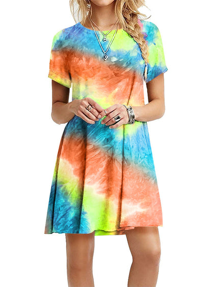 Vestido mini informal holgado de manga corta con estampado degradado de arcoíris y teñido anudado para mujer