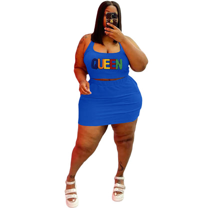 Conjunto de dos piezas de top corto y falda con apliques de letras Queen, informal, deportivo, sin mangas, para mujer