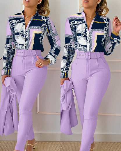 Blusa informal de manga larga con solapa y estampado floral para mujer, pantalones ajustados de dos piezas