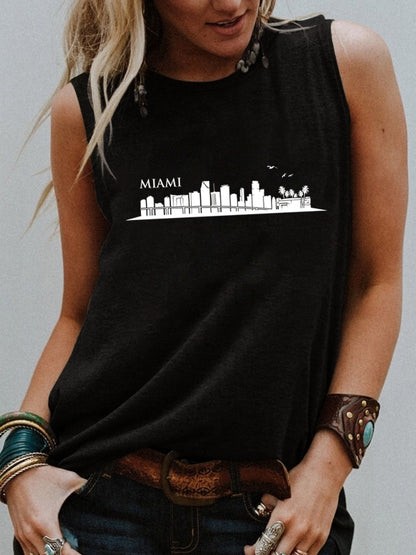 Women Fashion Casual High-Rise Printed Round Neck Sleeveless Tank Top