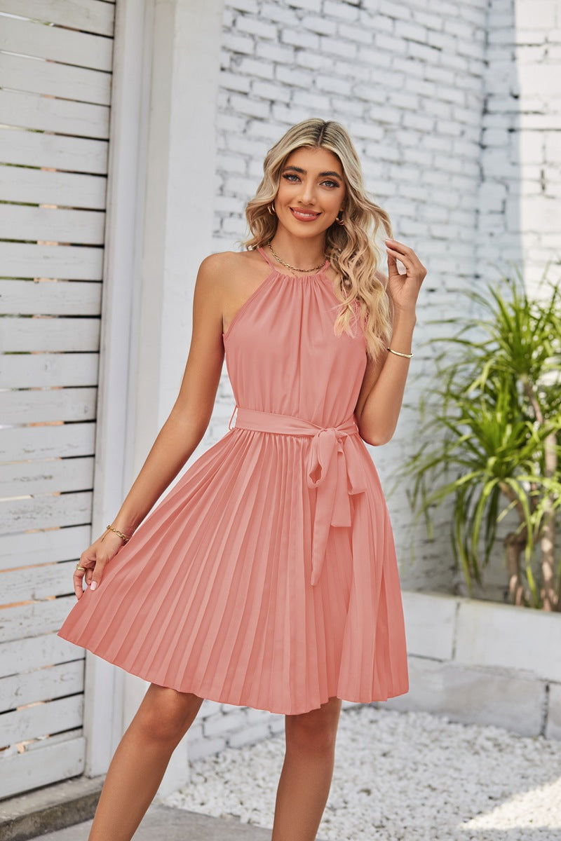 Women Casual Elegant Style Chiffon Halter Neck Lace-Up Sleeveless Pleated Dress