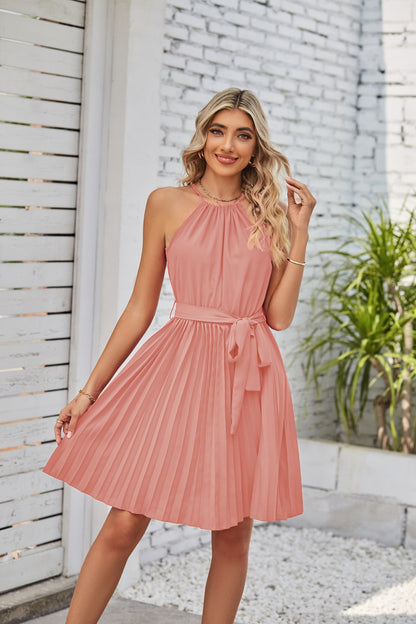 Women Casual Elegant Style Chiffon Halter Neck Lace-Up Sleeveless Pleated Dress