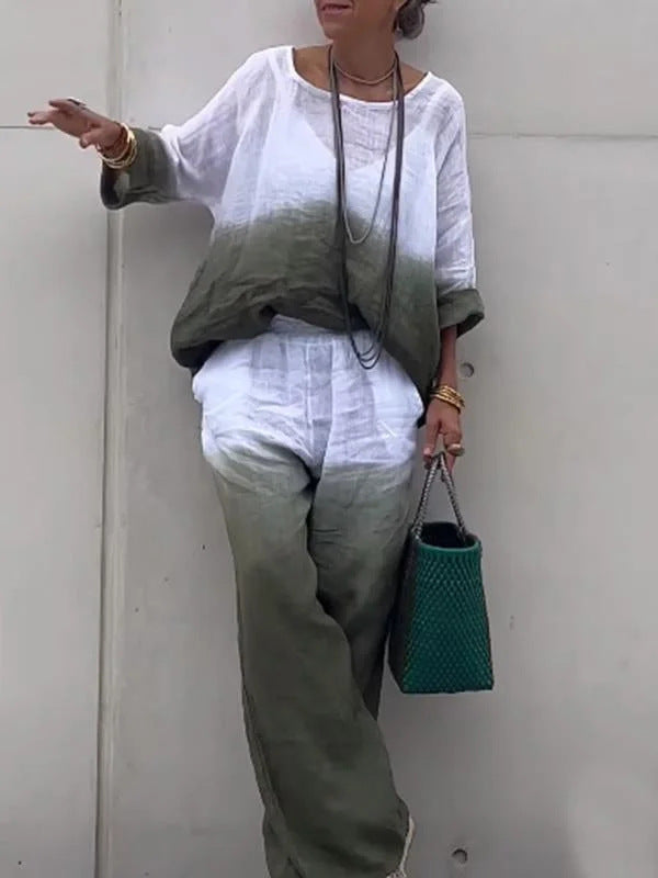 Conjunto de dos piezas de verano para mujer, informal, con degradado, manga larga, pantalones anchos y parte superior