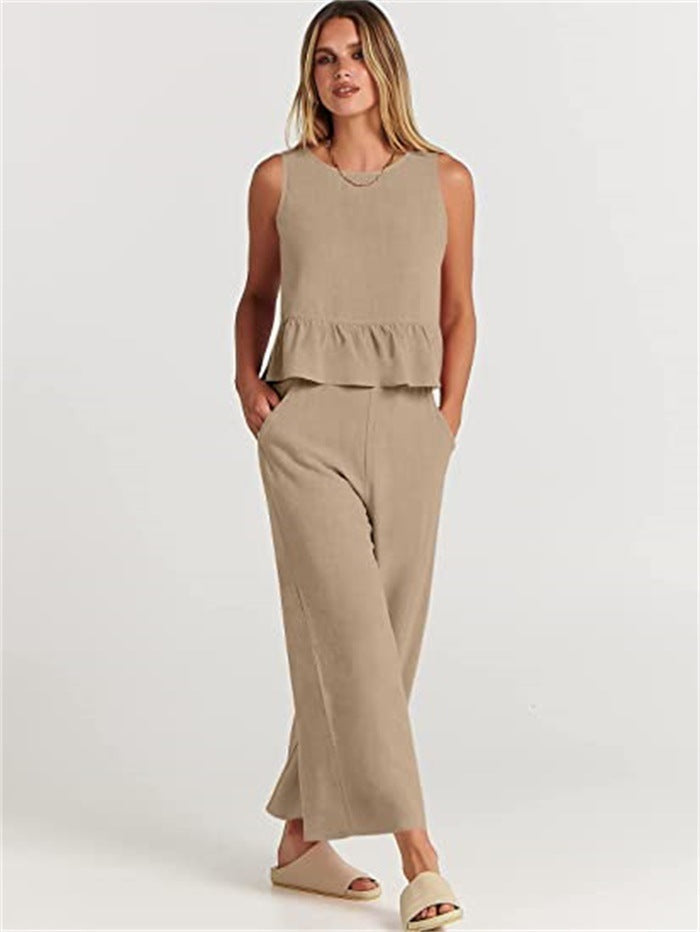 Conjunto de dos piezas de top informal sin mangas y pantalón ancho para mujer
