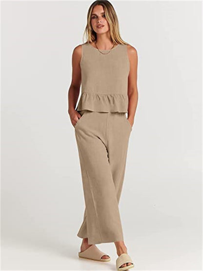 Conjunto de dos piezas de top informal sin mangas y pantalón ancho para mujer