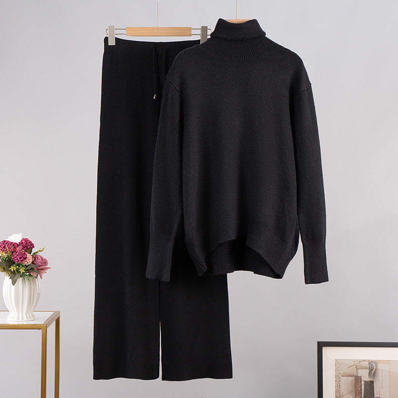 Suéter de punto de cuello alto de color liso para mujer, conjunto de dos piezas con pantalones anchos informales para otoño e invierno
