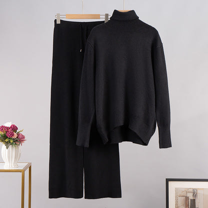 Suéter de punto de cuello alto de color liso para mujer, conjunto de dos piezas con pantalones anchos informales para otoño e invierno