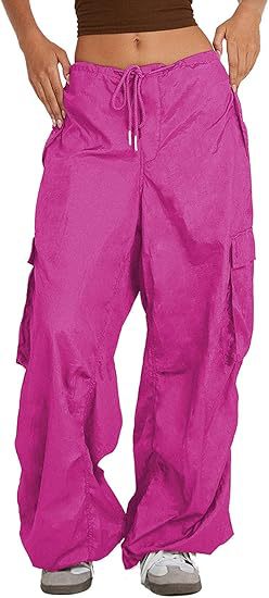 Women Casual Solid Color Loose Pocket Low Waist Drawstring Pants