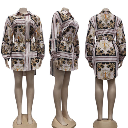 Women Fashion Casual Printed Lapel Long-Sleeve Belt Dress