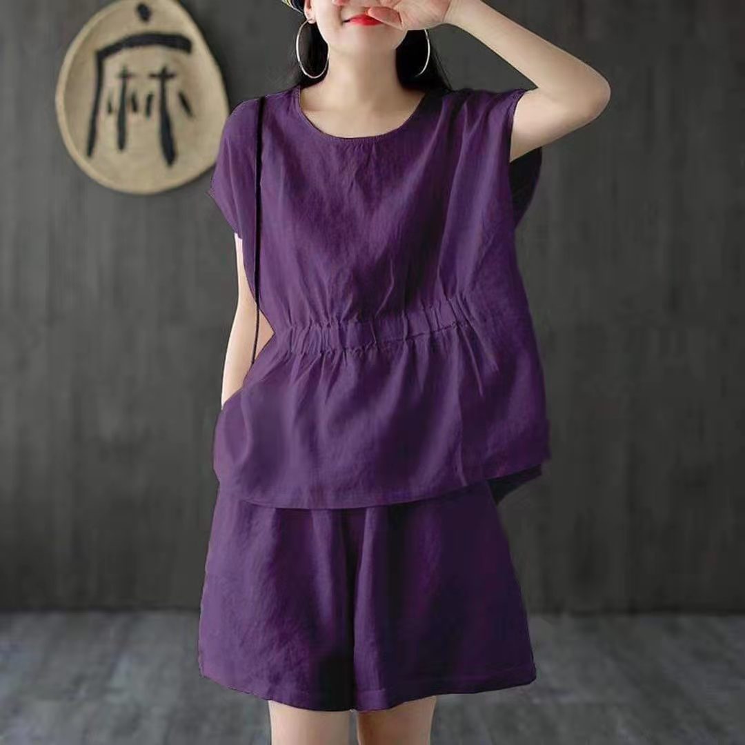 Conjunto de dos piezas de pantalones de lino y algodón de manga corta de color liso informal para mujer