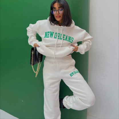 Conjunto deportivo informal de moda para mujer, con capucha y pantalones de chándal, estampado de letras y nombre de ciudad y bolsillo