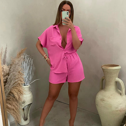 Conjunto de dos piezas para mujer, estilo casual, color liso, clásico, con camisa de un solo pecho y cintura elástica