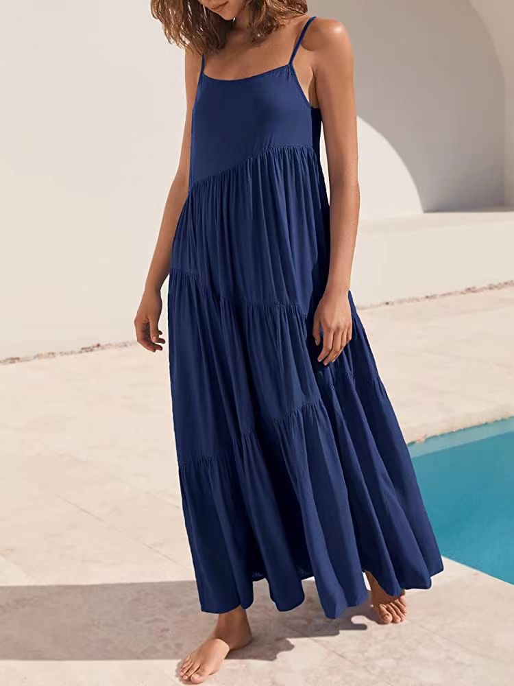 Women Fashion Casual Solid Color Sling Creased Maxi Dress