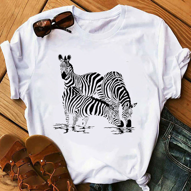 Camiseta informal de manga corta con estampado de cebra para mujer
