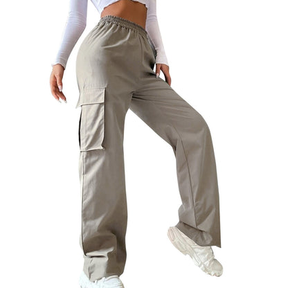 Women Loose Casual Solid Color High Waist Cargo Pants