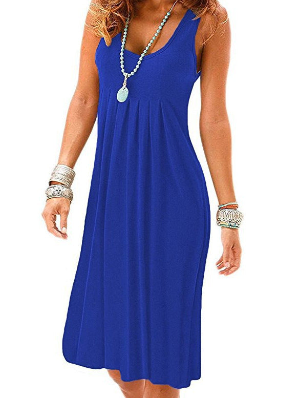 Women Casual Solid Color Loose Pleated Sleeveless Dress