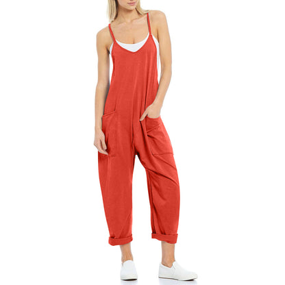 Women Casual Solid Color Pocket V Neck Loose Spaghetti Strap Jumpsuit