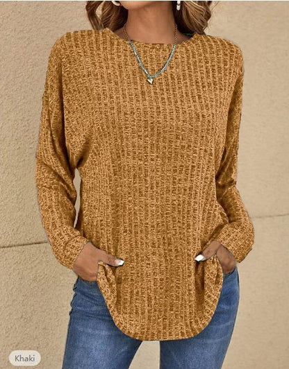 Camiseta holgada informal de talla grande para mujer, básica, de punto, de otoño, con cuello redondo, lisa, de manga larga
