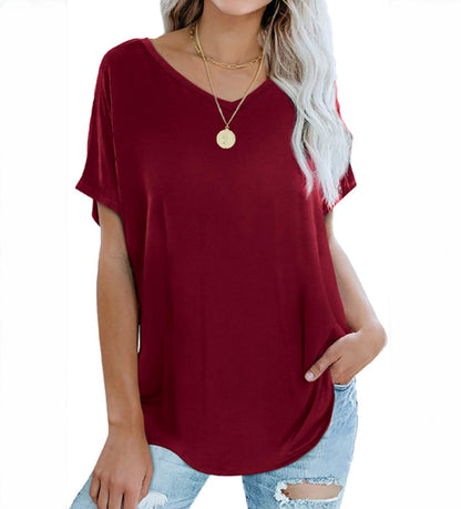 Camiseta informal holgada de verano para mujer, con cuello en V y manga corta